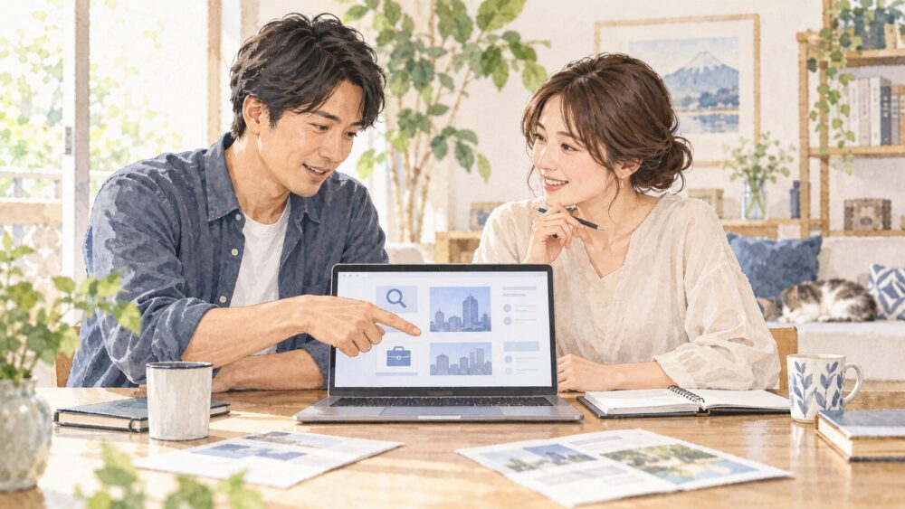 夫婦で家計と仕事の選択肢を整理し、前向きに話し合う様子。