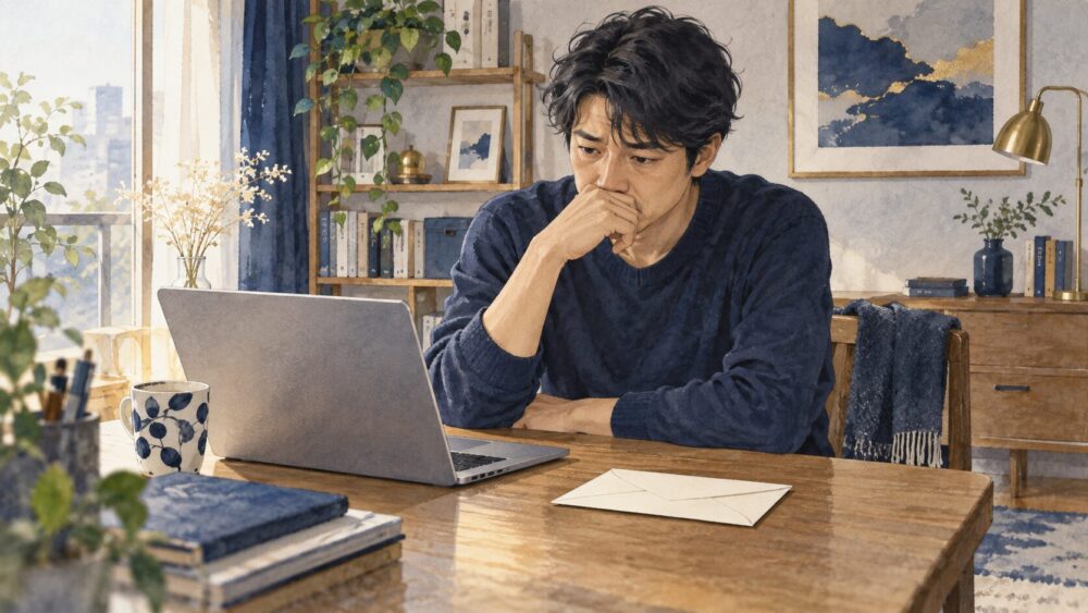 収入や仕事のことで悩み、ノートを前に考え込む夫。