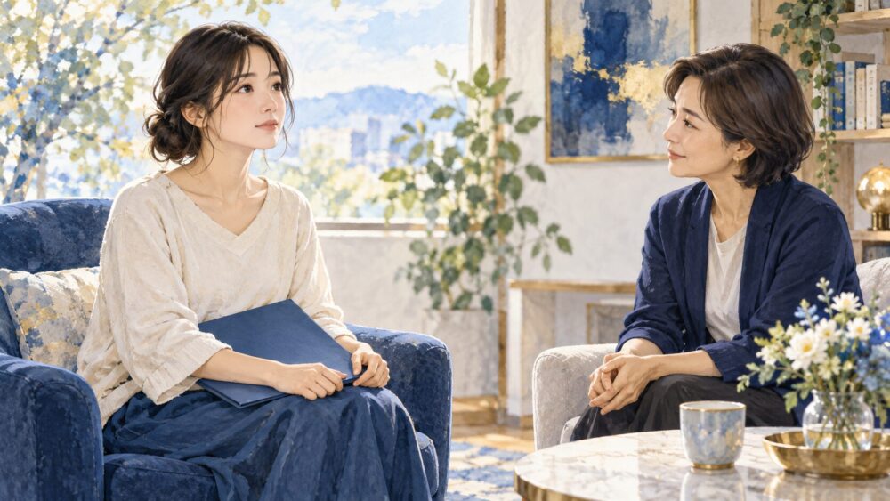 落ち着いて夫婦関係と今後の暮らしを考える女性。