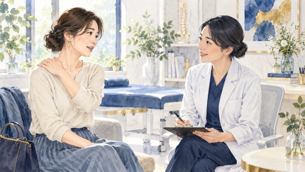 右肩の痛みを医師に相談し、身体の状態を確認する女性。