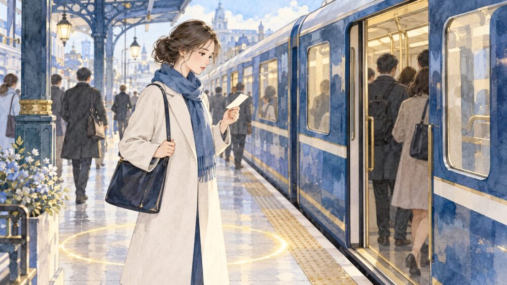 乗る電車を間違えたことに気づき、ホームで立ち止まる女性。