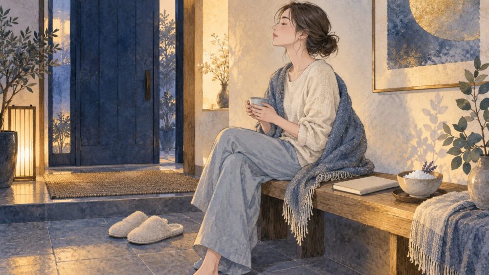 帰宅後にお茶を両手で持ち、呼吸を整える女性と入浴用の塩。