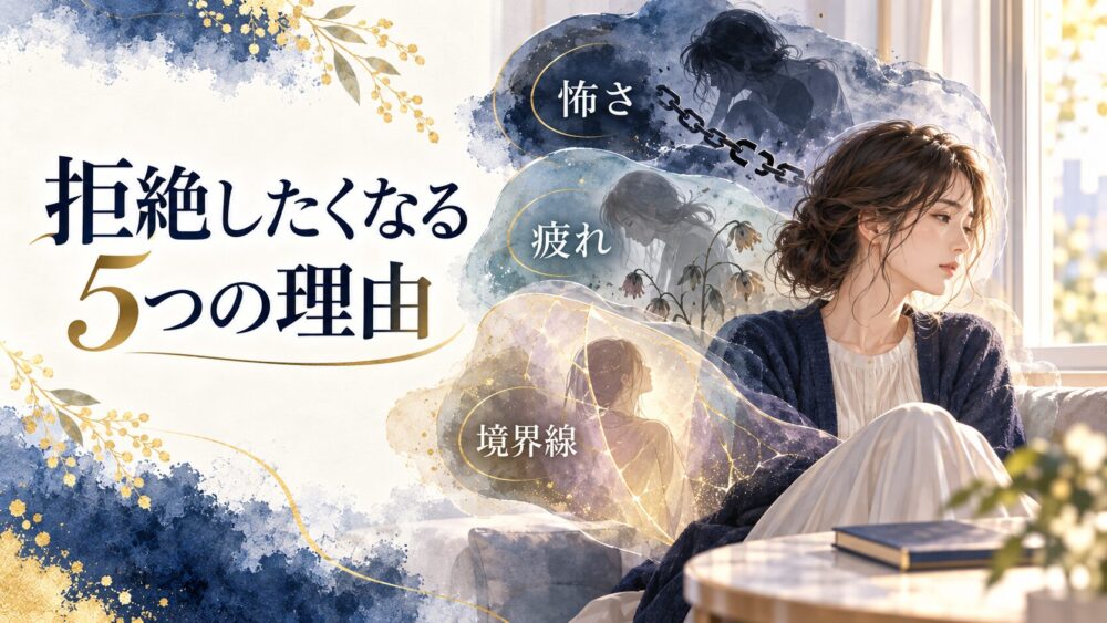 恐れや疲れ、境界線を象徴する光の層に包まれて考え込む日本人女性。