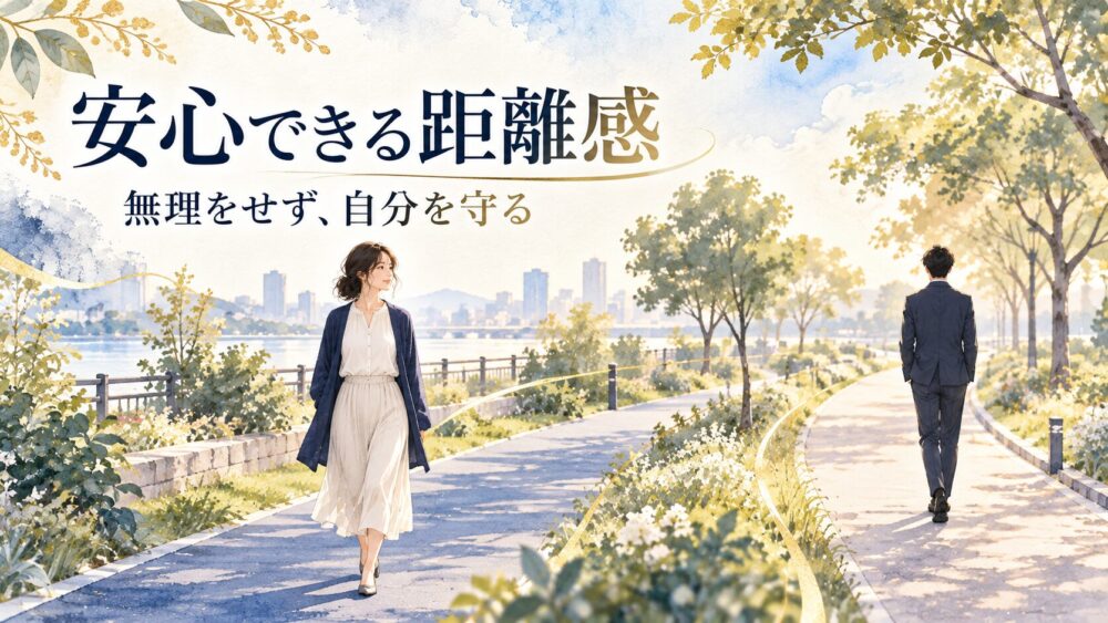 互いに別の道を歩き、安心できる距離を保つ日本人女性と男性。