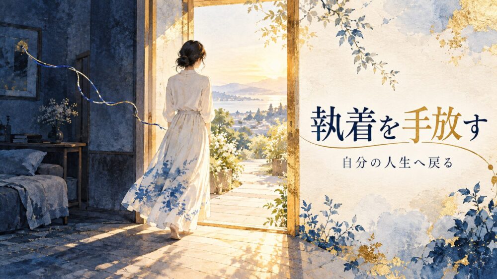 青と金の細い糸を手放し、明るい自分の道へ歩き出す日本人女性。