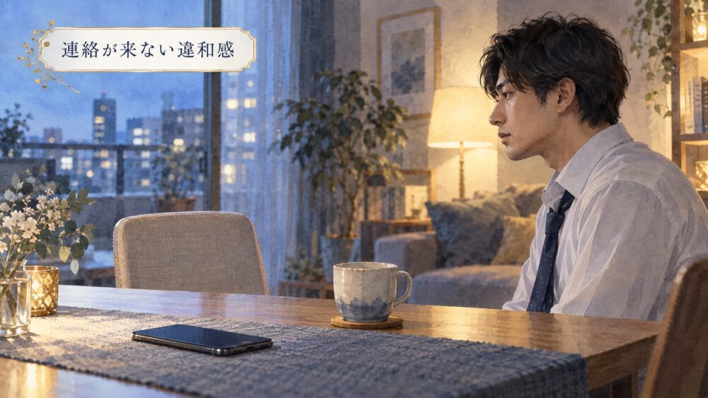 連絡が来なくなり、伏せたスマートフォンと空いた椅子を前に考え込む日本人男性。
