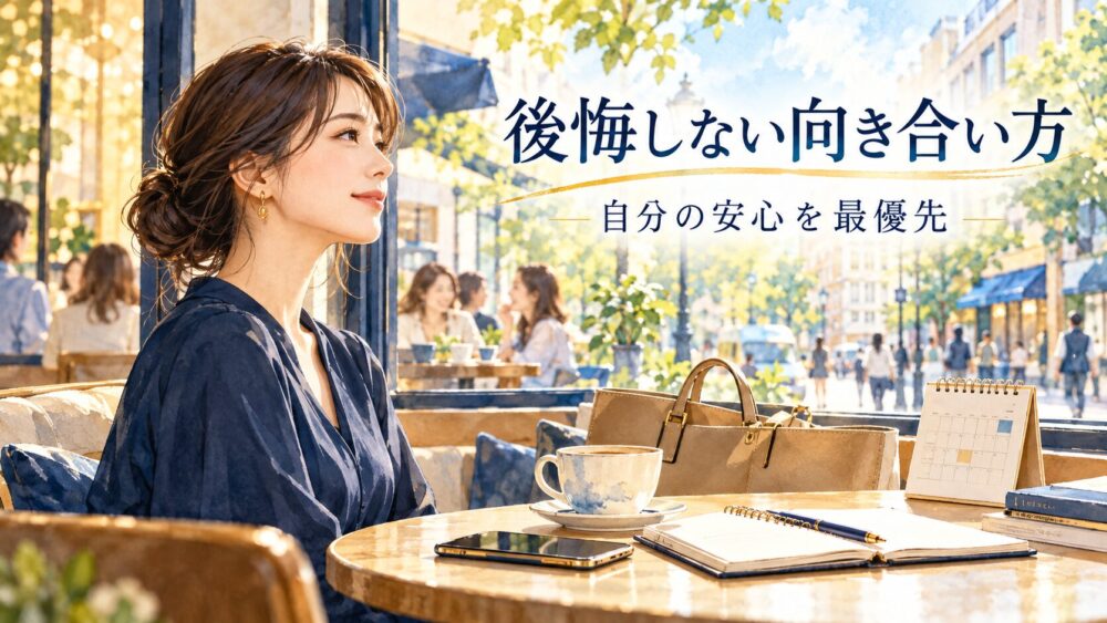 スマートフォンを離してノートと日常を見つめ、自分の安心を優先する日本人女性。