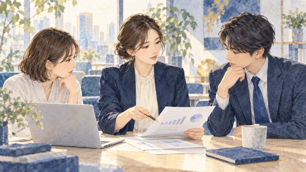 噂話を穏やかに業務の話へ戻し、チームで資料に向かう社員。冷静な対応と職場での信頼を守る場面。