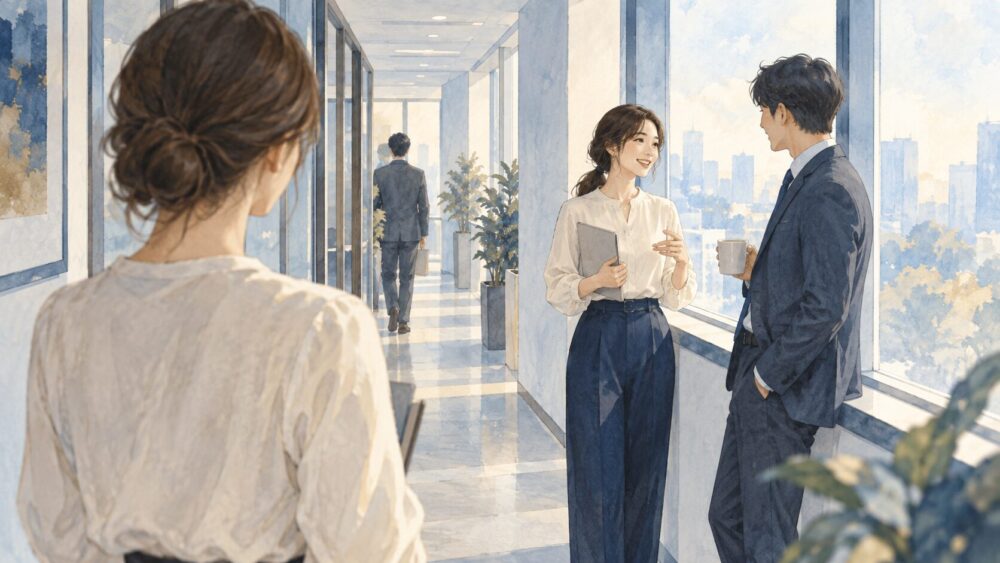 オフィスの通路で自然に会話する同僚二人を少し離れて見る社員。親しさだけでは関係を断定できない曖昧な場面。